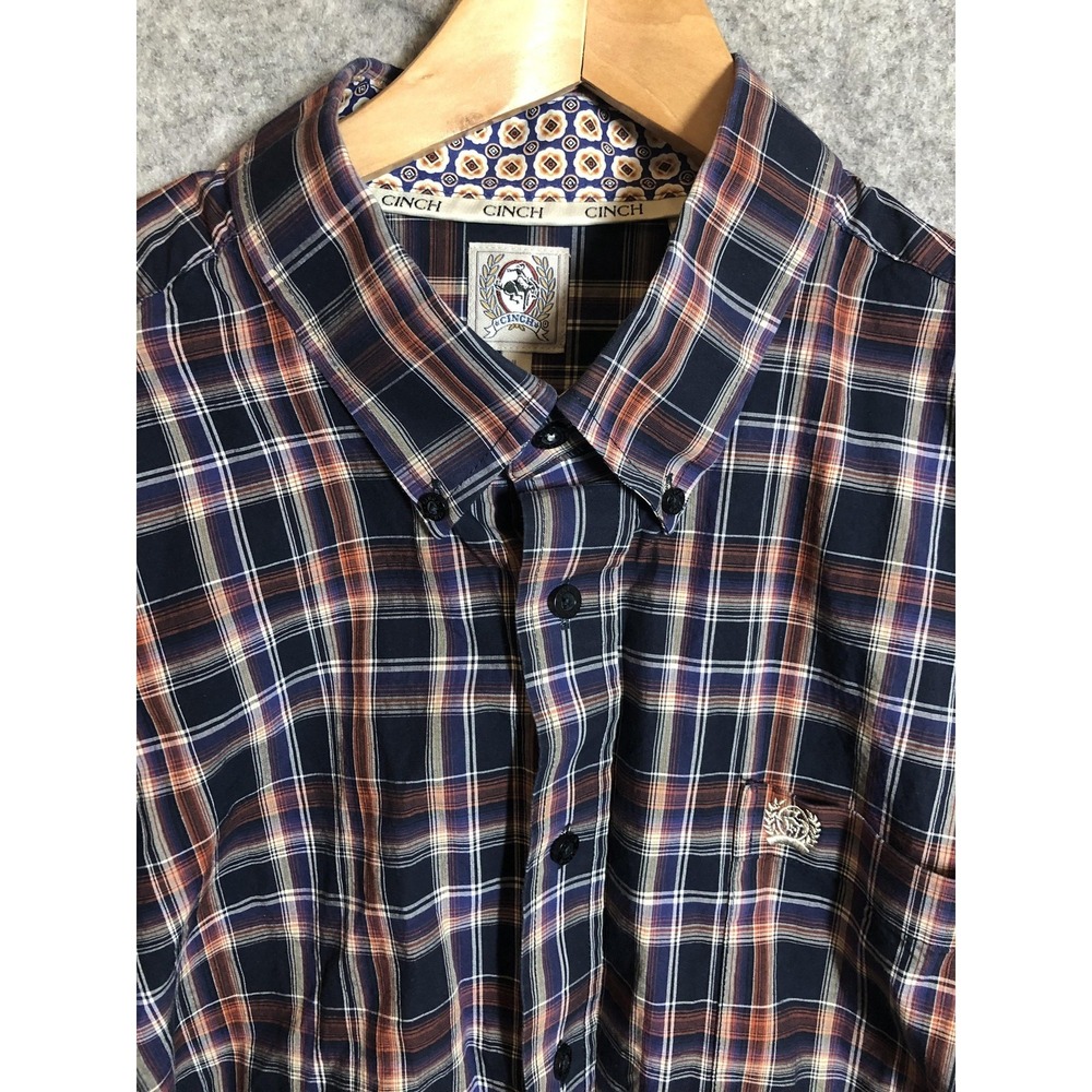 Cinch Shirt Mens Large Blue Orange Plaid Button Down Long Sleeve Western Rodeo